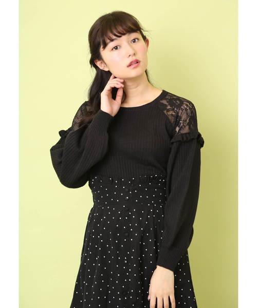 OLIVE des OLIVE(オリーブデオリーブ)の「肩レース切替え プルオーバー(ニット/セーター・レディース・オフホワイト/ミント/ピンク系その他/ブラック・FREE)」の12枚目の写真