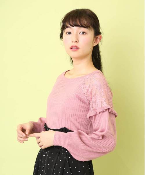 OLIVE des OLIVE(オリーブデオリーブ)の「肩レース切替え プルオーバー(ニット/セーター・レディース・オフホワイト/ミント/ピンク系その他/ブラック・FREE)」の13枚目の写真