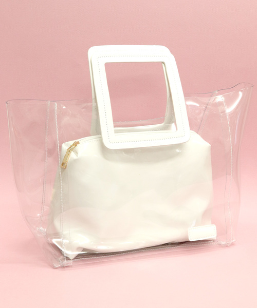 florist（フローリスト）の「【2点セット】ポーチ付き角ベルトクリアバッグ（PVC）（トートバッグ・レディース・ホワイト/ブラック/ベージュ/ブルー/シルバー/ゴールド・FREE）」の2枚目の写真