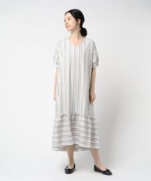 先染めランダムストライプミモレ丈フレアワンピース