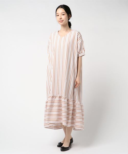 STYLEBLOCK（スタイルブロック）の「先染めランダムストライプミモレ丈フレアワンピース（ワンピース・レディース・グレー/サックスブルー/キャメル/ベージュ・M）」の7枚目の写真