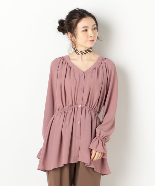 archives（アルシーヴ）の「Vネックギャザーチュニック（シャツ/ブラウス・レディース・ブラウン/アイボリー/ピンク系その他・MEDIUM）」の3枚目の写真