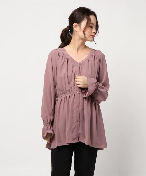 archives（アルシーヴ）の「Vネックギャザーチュニック（シャツ/ブラウス・レディース・ブラウン/アイボリー/ピンク系その他・MEDIUM）」の8枚目の写真