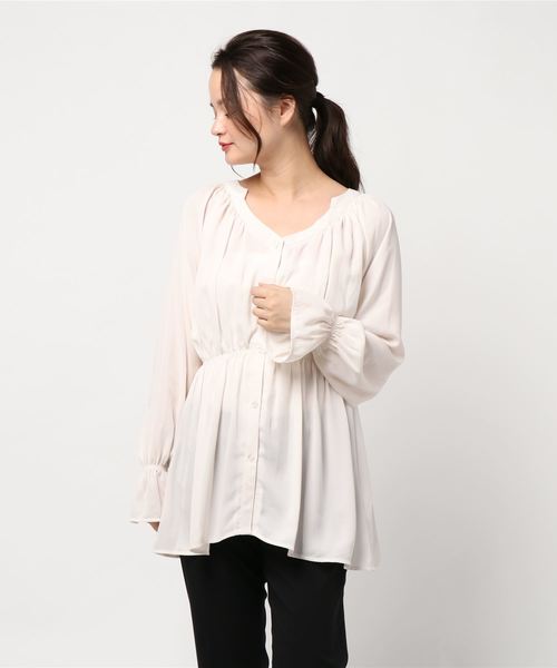 archives（アルシーヴ）の「Vネックギャザーチュニック（シャツ/ブラウス・レディース・ブラウン/アイボリー/ピンク系その他・MEDIUM）」の6枚目の写真