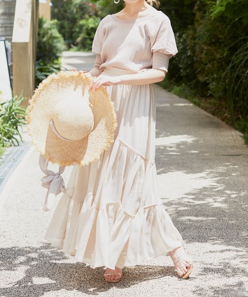 VANNIE U(ヴァニーユー)の「ふわっとパイピングティアードスカート(スカート・レディース・ベージュ/グリーン・FREE)」の3枚目の写真