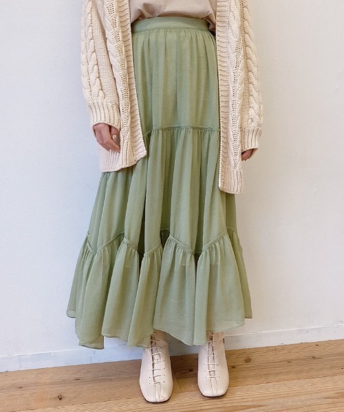 VANNIE U(ヴァニーユー)の「ふわっとパイピングティアードスカート(スカート・レディース・ベージュ/グリーン・FREE)」の17枚目の写真