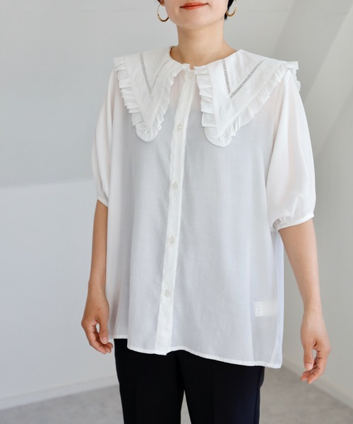 UNFIELD（アンフィールド）の「【UNFIELD Bigカラーブラウス】（シャツ/ブラウス・レディース・ブラック/オフホワイト・FREE）」の5枚目の写真