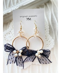 ピアス【YM】チェコビーズ×シフォンリボン(MA)