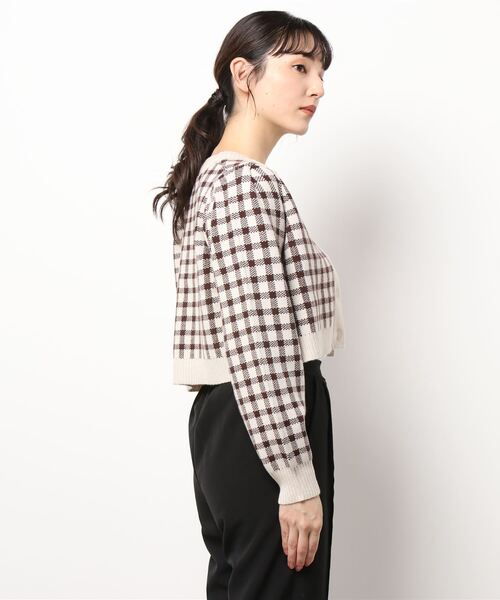ems excite（エムズエキサイト）の「チェックショートカーデ（カーディガン/ボレロ・レディース・ボルドー/アイボリー/グリーン・FREE）」の11枚目の写真