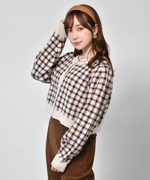 ems excite（エムズエキサイト）の「チェックショートカーデ（カーディガン/ボレロ・レディース・ボルドー/アイボリー/グリーン・FREE）」の2枚目の写真