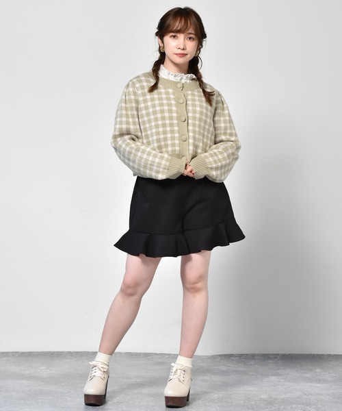 ems excite（エムズエキサイト）の「チェックショートカーデ（カーディガン/ボレロ・レディース・ボルドー/アイボリー/グリーン・FREE）」の6枚目の写真