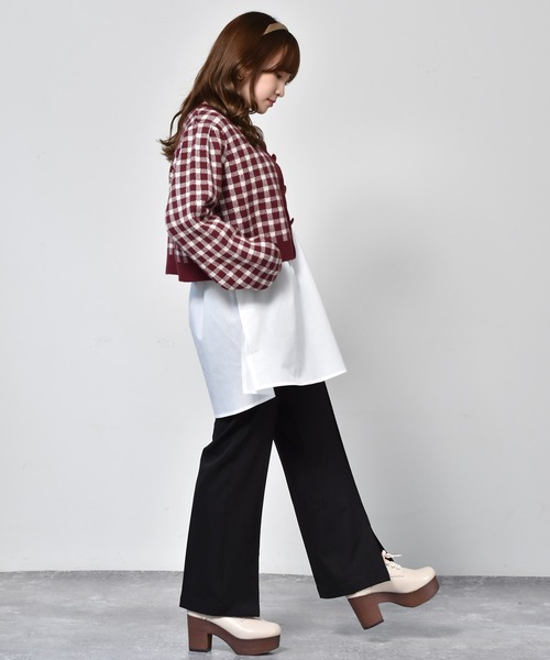 ems excite（エムズエキサイト）の「チェックショートカーデ（カーディガン/ボレロ・レディース・ボルドー/アイボリー/グリーン・FREE）」の10枚目の写真