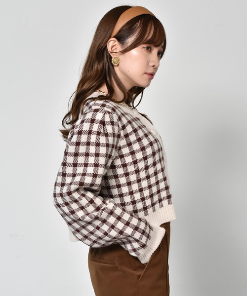 ems excite（エムズエキサイト）の「チェックショートカーデ（カーディガン/ボレロ・レディース・ボルドー/アイボリー/グリーン・FREE）」の4枚目の写真