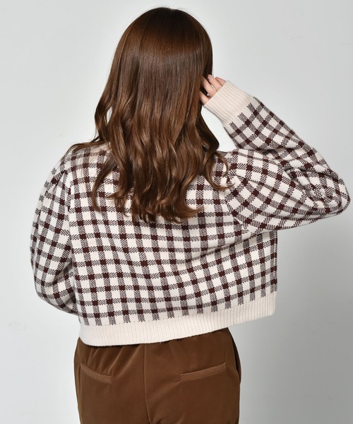 ems excite（エムズエキサイト）の「チェックショートカーデ（カーディガン/ボレロ・レディース・ボルドー/アイボリー/グリーン・FREE）」の5枚目の写真
