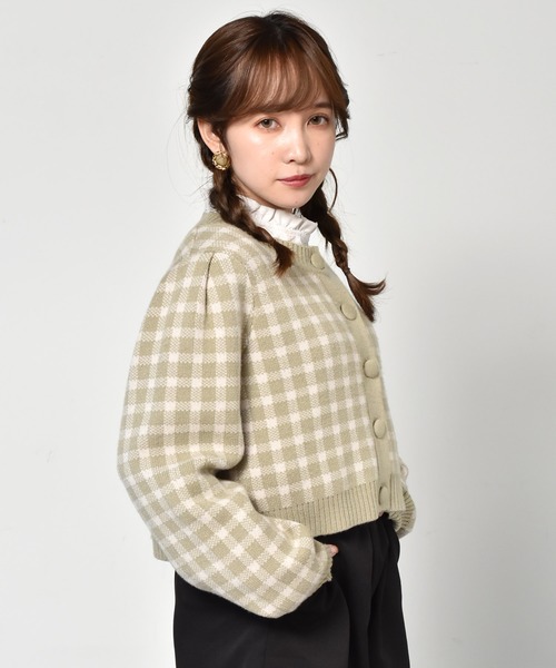 ems excite（エムズエキサイト）の「チェックショートカーデ（カーディガン/ボレロ・レディース・ボルドー/アイボリー/グリーン・FREE）」の15枚目の写真