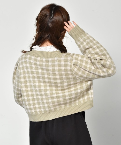 ems excite（エムズエキサイト）の「チェックショートカーデ（カーディガン/ボレロ・レディース・ボルドー/アイボリー/グリーン・FREE）」の9枚目の写真