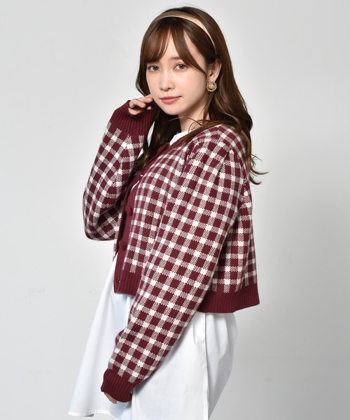 ems excite（エムズエキサイト）の「チェックショートカーデ（カーディガン/ボレロ・レディース・ボルドー/アイボリー/グリーン・FREE）」の17枚目の写真