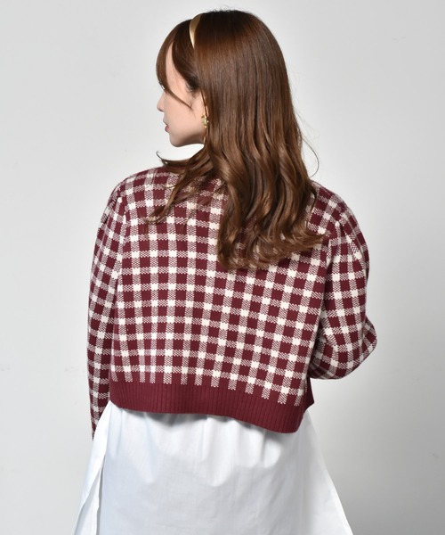 ems excite（エムズエキサイト）の「チェックショートカーデ（カーディガン/ボレロ・レディース・ボルドー/アイボリー/グリーン・FREE）」の7枚目の写真