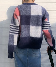 Q | ブロックチェックシャギーニット(ニット/セーター)