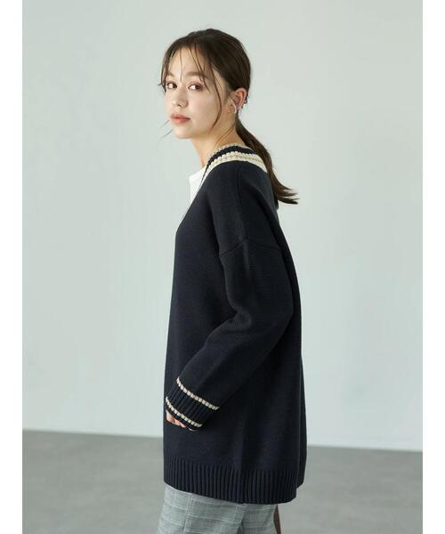 earth music&ecology（アースミュージックアンドエコロジー）の「チルデンVネックニットチュニック＊（ニット/セーター・レディース・ネイビー/アイボリー・FREE）」の20枚目の写真