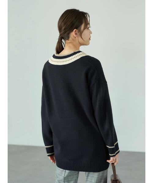 earth music&ecology（アースミュージックアンドエコロジー）の「チルデンVネックニットチュニック＊（ニット/セーター・レディース・ネイビー/アイボリー・FREE）」の21枚目の写真