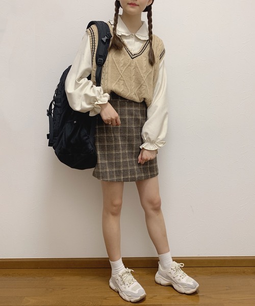 Cham.（チャム）の「台形チェックスカート（スカート・レディース・ブラウン・F）」の5枚目の写真