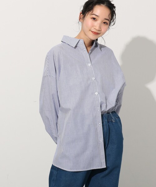 Cutie Blonde(キューティーブロンド)の「◆細ラインのストライプBIGシャツ(シャツ/ブラウス・レディース・グリーン系その他4/ライトグレー系2/ネイビー系2/ピンク系・00)」の1枚目の写真