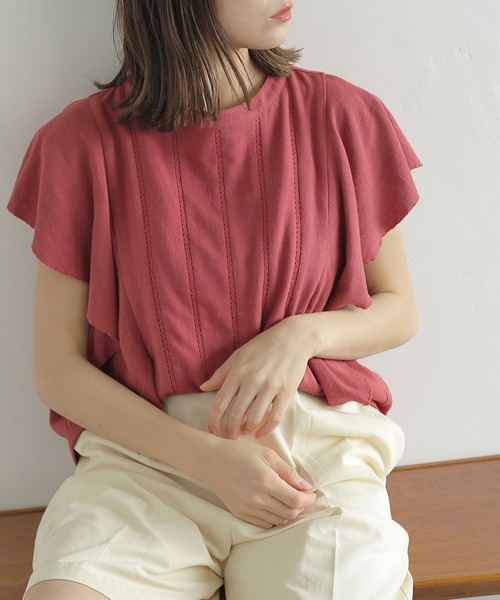 Crisp（クリスプ）の「ラインレースラッフルブラウス（シャツ/ブラウス・レディース・グレー/ピンク・FREE）」の2枚目の写真