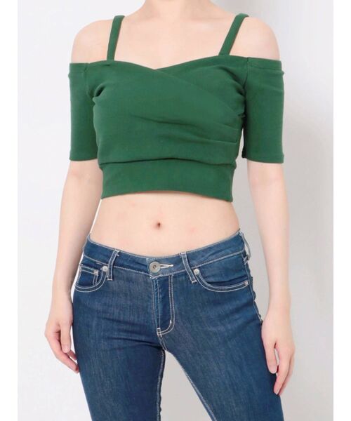 GYDA(ジェイダ)の「ハーフスリーブ2WAYカシュクールデザイントップス(Tシャツ/カットソー・レディース・ダークオリーブ/ブラック/オフホワイト/グリーン・FREE)」の4枚目の写真