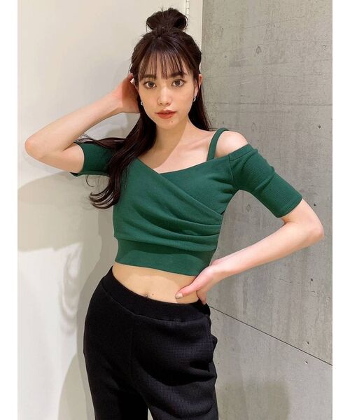 GYDA(ジェイダ)の「ハーフスリーブ2WAYカシュクールデザイントップス(Tシャツ/カットソー・レディース・ダークオリーブ/ブラック/オフホワイト/グリーン・FREE)」の9枚目の写真
