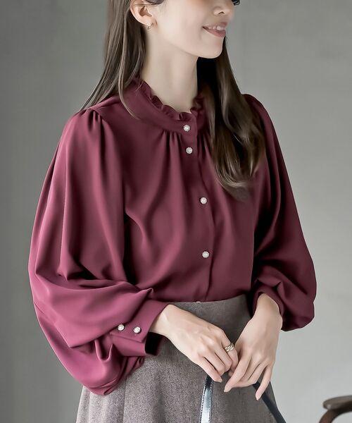 rps（アールピーエス）の「ボリューム袖フリルネックブラウス（シャツ/ブラウス・レディース・ラベンダー/ネイビー/オフホワイト/ライトグレー/ブラック/ボルドー・フリー）」の6枚目の写真