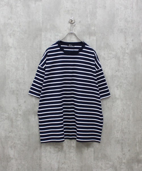 SHISKY（シスキー）の「ボーダーBIGシルエット 半袖T（Tシャツ/カットソー・メンズ・サックスブルー/ホワイト×グリーン/ホワイト×ブラック/グレー系その他/ネイビー系/ダークグリーン/オフホワイト/ホワイト×ネイビー/チャコール/グレー系その他2/ネイビー/ベージュ・M/L/XL）」の12枚目の写真