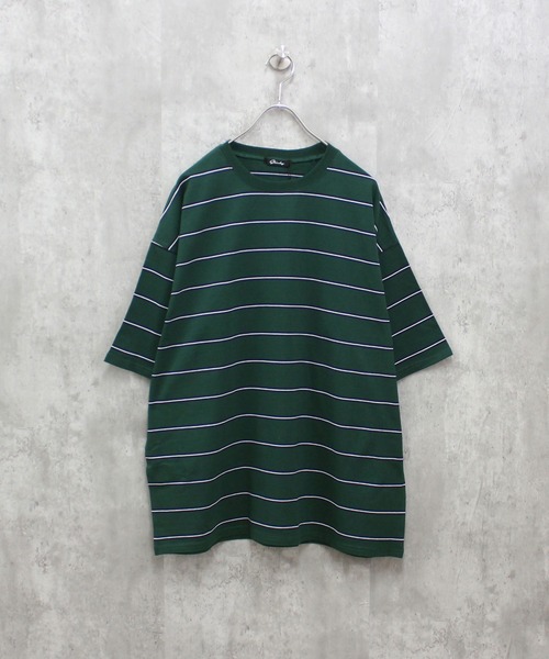 SHISKY（シスキー）の「ボーダーBIGシルエット 半袖T（Tシャツ/カットソー・メンズ・サックスブルー/ホワイト×グリーン/ホワイト×ブラック/グレー系その他/ネイビー系/ダークグリーン/オフホワイト/ホワイト×ネイビー/チャコール/グレー系その他2/ネイビー/ベージュ・M/L/XL）」の9枚目の写真