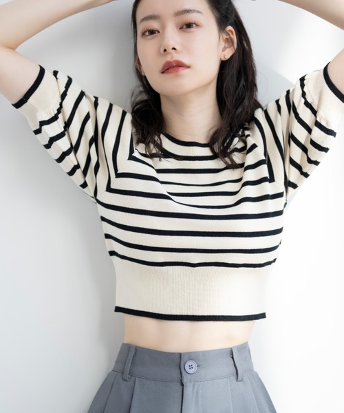 VANNIE U(ヴァニーユー)の「パイピングパフショートニット(ニット/セーター・レディース・ピンク/ブラック/その他・FREE)」の6枚目の写真