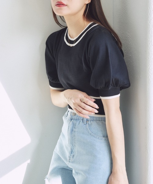VANNIE U(ヴァニーユー)の「パイピングパフショートニット(ニット/セーター・レディース・ピンク/ブラック/その他・FREE)」の18枚目の写真