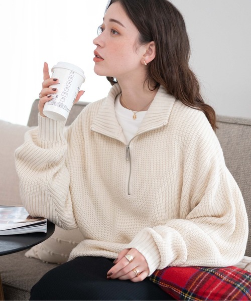 WEGO(ウィゴー)の「WEGO/ルーズフィットハーフZIPプルオーバー(ニット/セーター・メンズ・アイボリー/ワイン/ブラック/マスタード/ブルー/ライトグレー・LARGE/MEDIUM)」の2枚目の写真