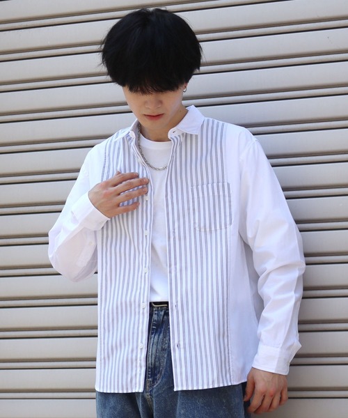 SITRY(シトリー)の「broadcloth switching stripe shirt/ブロード 切り替え ストライプ シャツ(シャツ/ブラウス・メンズ・ホワイト/サックスブルー・M/L/LL)」の12枚目の写真