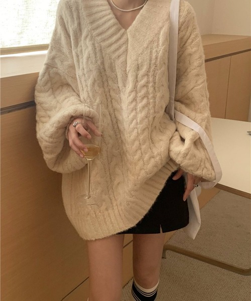 274u*新品 ルネ Rene ライン Vネック ニット プルオーバー ゆるケーブル編みVネックニットプルオーバー（ニット/セーター