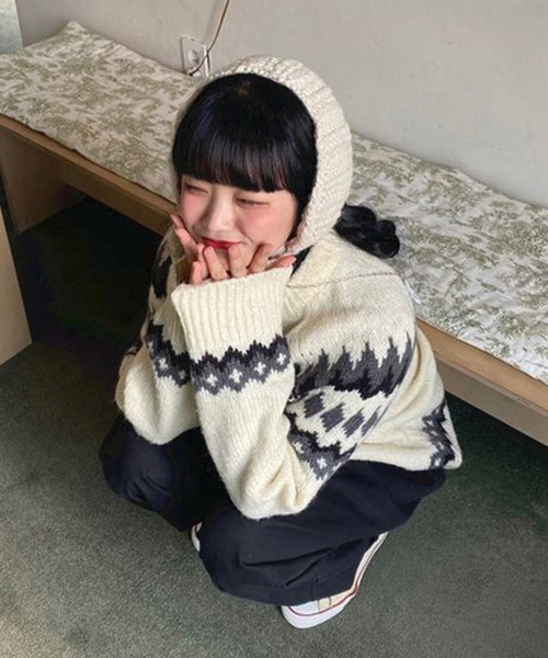 cream creme(クリームクレーム)の「ボンボン付きニットイヤーマフ(イヤーマフ・レディース・ブラウン/レッド/ベージュ/ブラック/グレー・FREE)」の7枚目の写真