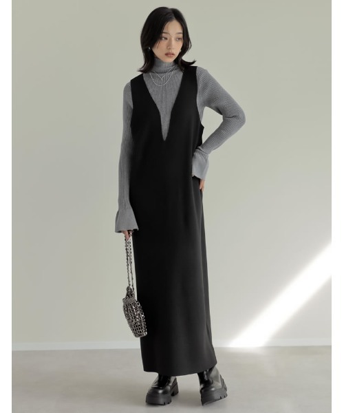 新色追加][低身長サイズ有]ミラノリブ変形キーネックIラインニット