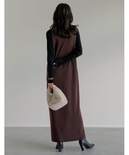 新色追加][低身長サイズ有]ミラノリブ変形キーネックIラインニット