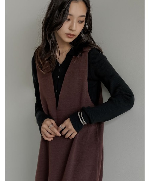 Re:EDIT（リエディ）の「[新色追加][低身長サイズ有]ミラノリブ変形キーネックＩラインニットワンピース（ワンピース・レディース・ブラック系/ブラック/ブラウン/ブラウン系・SHORT/MEDIUM/LARGE）」の7枚目の写真