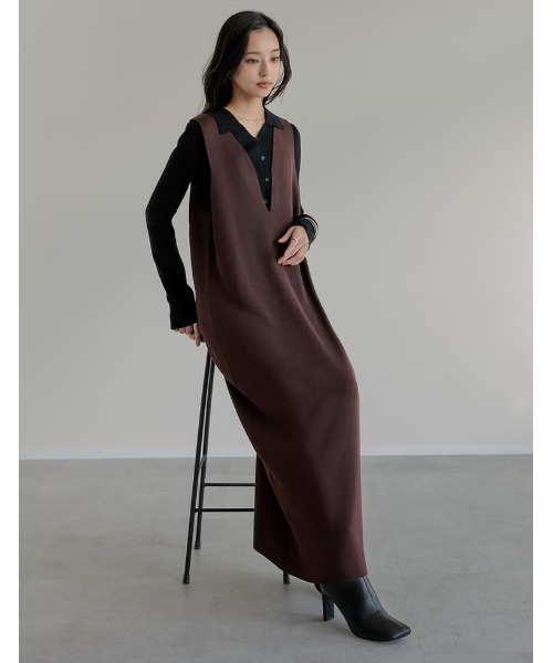 新色追加][低身長サイズ有]ミラノリブ変形キーネックIラインニット