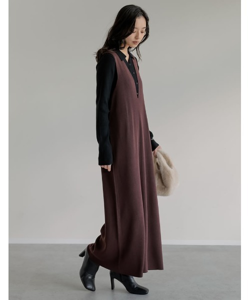 Re:EDIT（リエディ）の「[新色追加][低身長サイズ有]ミラノリブ変形キーネックＩラインニットワンピース（ワンピース・レディース・ブラック系/ブラック/ブラウン/ブラウン系・SHORT/MEDIUM/LARGE）」の5枚目の写真