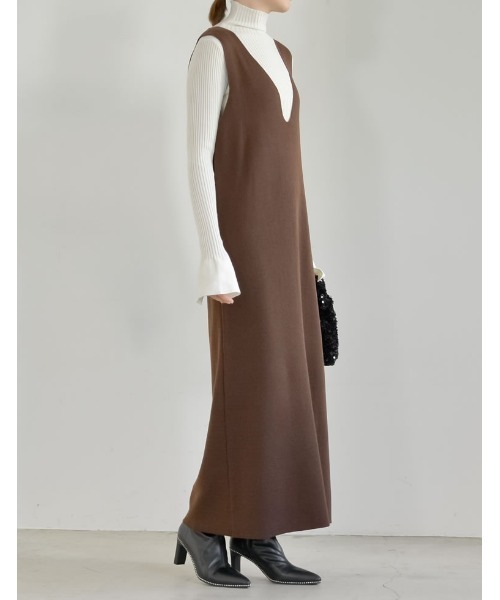 新色追加][低身長サイズ有]ミラノリブ変形キーネックIラインニット