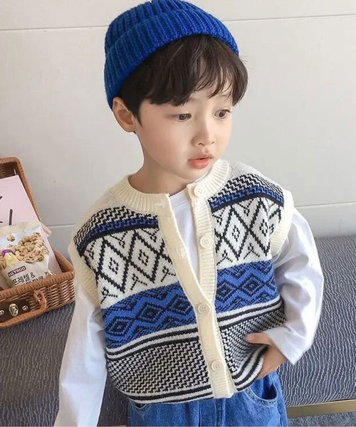 Bambin（ボンバン）の「【 Bambin / ボンバン 】 チロル ニット ベスト（ベスト・キッズ・ホワイト×ブルー・110/130/120/100）」の4枚目の写真
