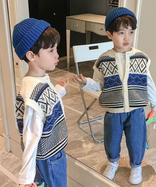 Bambin（ボンバン）の「【 Bambin / ボンバン 】 チロル ニット ベスト（ベスト・キッズ・ホワイト×ブルー・110/130/120/100）」の6枚目の写真