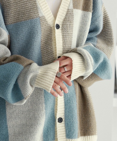 ランダムパッチワークデザイン モヘアライク ルーズVネック