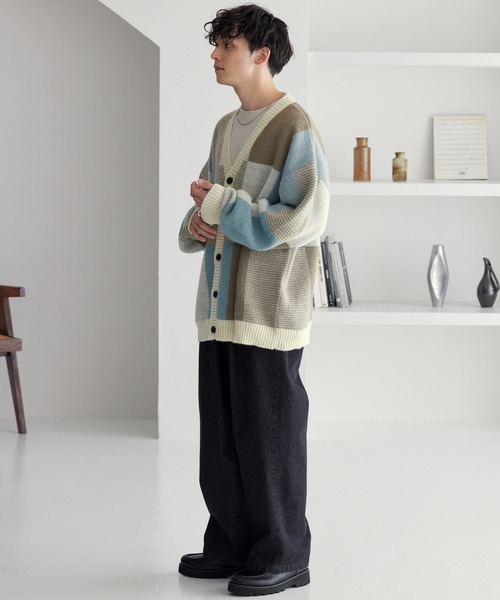 ランダムパッチワークデザイン モヘアライク ルーズVネック