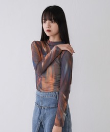 マーブル ハイネック シアー トップス シースルー カラー 長袖 総柄 グラフィック シースルートップス 長袖 シアートップス 長袖